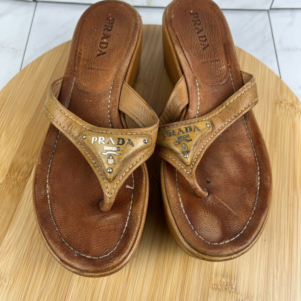 VTG Y2K Prada Womens Size 7.5 EU 37.5 Brown Tan Logo Wood Platform Wedge Sandals - Picture 5 of 11